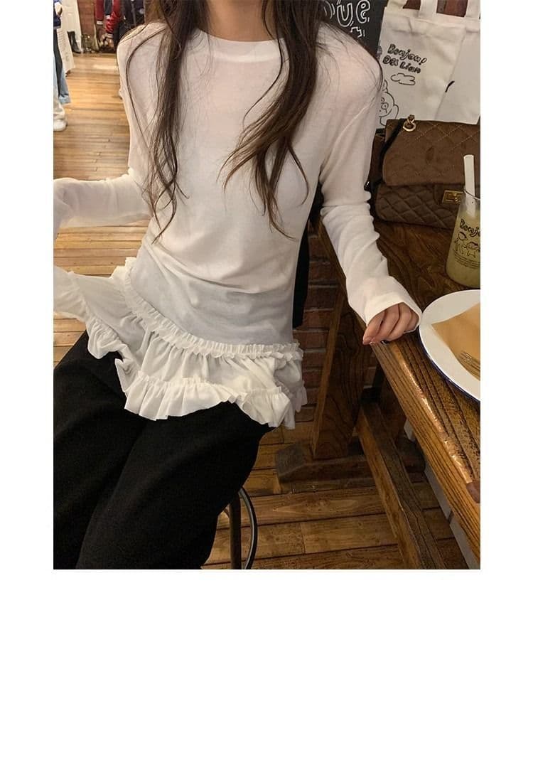 모달 사람들 면 2026 가을 발레 바람 레이스 레이스 긴팔 티셔츠 빅 사이즈 여성 의류 몸매 가꾸기 기본 셔츠 맨위 상세 이미지 3