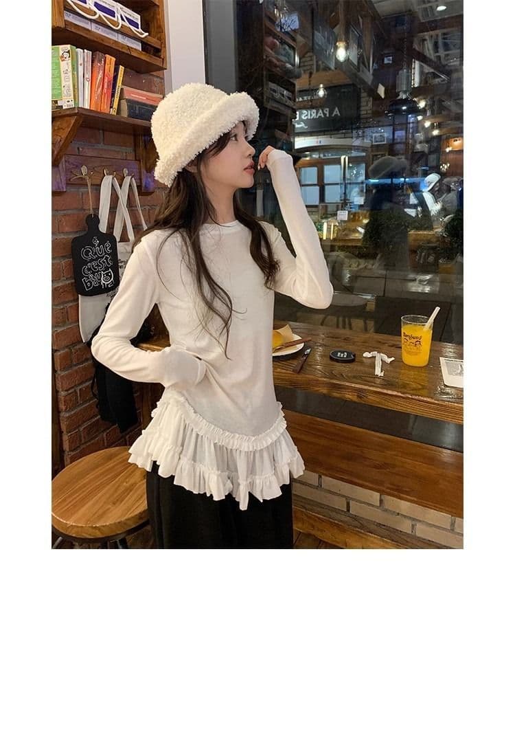 모달 사람들 면 2026 가을 발레 바람 레이스 레이스 긴팔 티셔츠 빅 사이즈 여성 의류 몸매 가꾸기 기본 셔츠 맨위 상세 이미지 11
