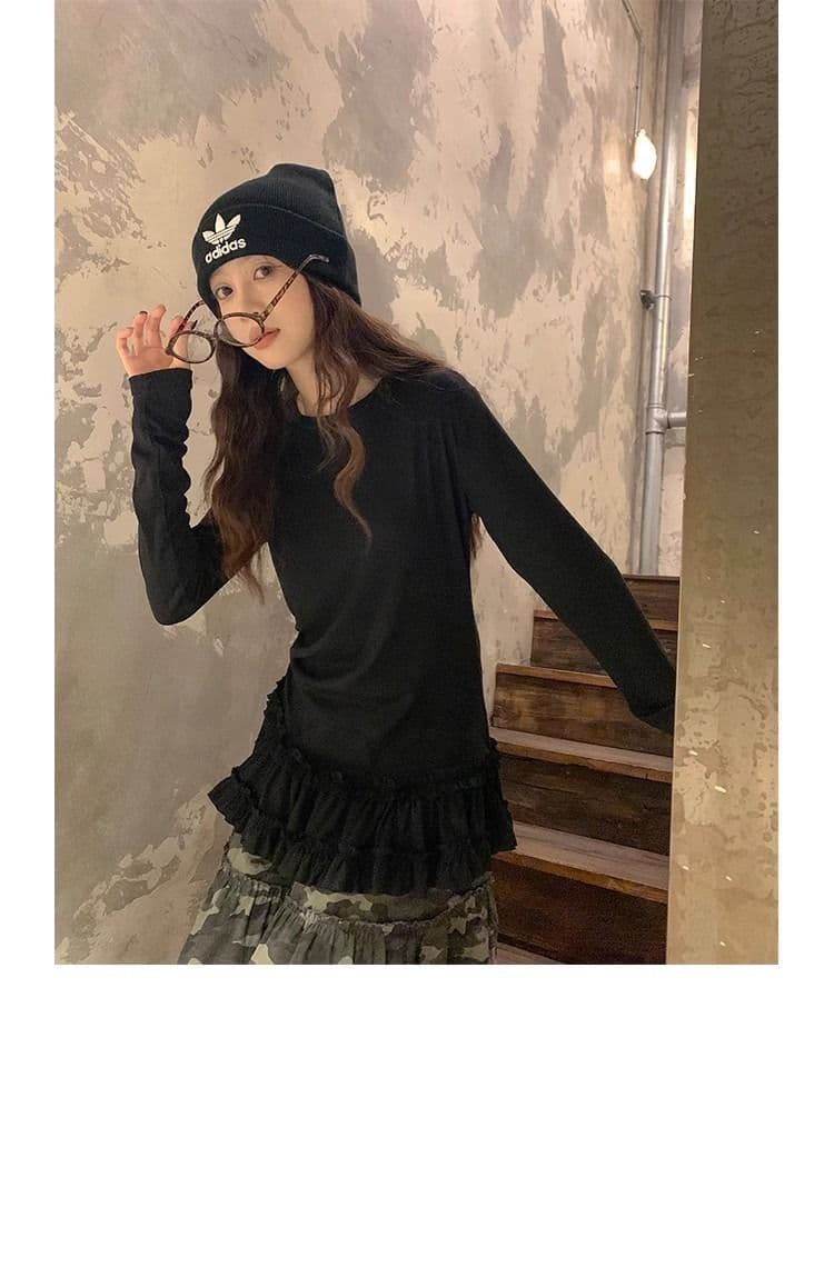 모달 사람들 면 2026 가을 발레 바람 레이스 레이스 긴팔 티셔츠 빅 사이즈 여성 의류 몸매 가꾸기 기본 셔츠 맨위 상세 이미지 12