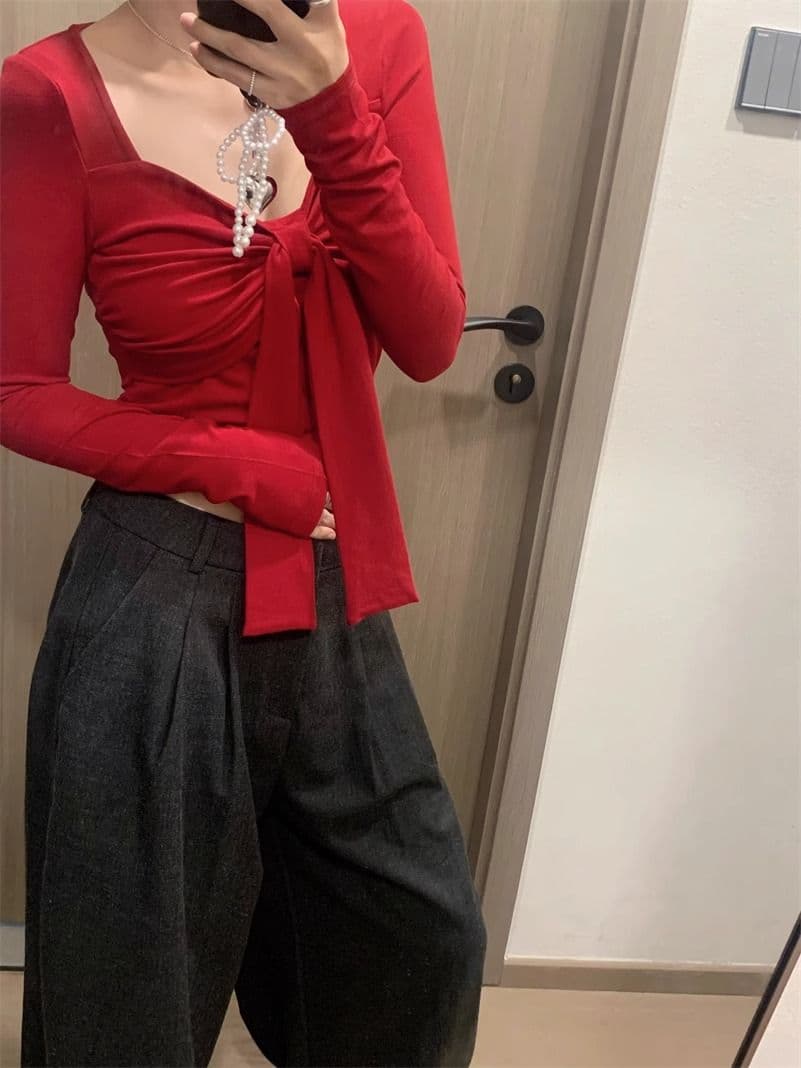 원본 품질 디자인 센스 나비 넥타이 인사이드 가져 가라. 티셔츠 여성 작은 대중 주름 몸매 가꾸기 기본 셔츠 맨위 상세 이미지 9