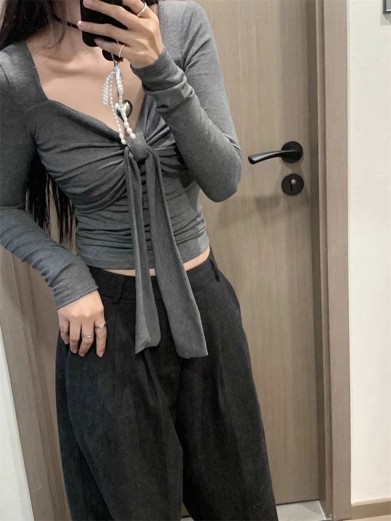 원본 품질 디자인 센스 나비 넥타이 인사이드 가져 가라. 티셔츠 여성 작은 대중 주름 몸매 가꾸기 기본 셔츠 맨위 상세 이미지 19