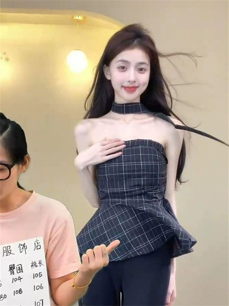 고급 센스 파란색 체크무늬 튜브탑 조끼 여성 여름 Chic 허리 수축 쇼트 스타일 달콤한 핫걸 민소매 외출용 작은 맨위 이미지 3