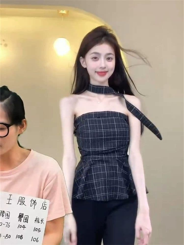 고급 센스 파란색 체크무늬 튜브탑 조끼 여성 여름 Chic 허리 수축 쇼트 스타일 달콤한 핫걸 민소매 외출용 작은 맨위 이미지 5