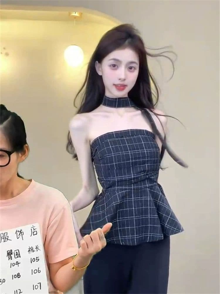 고급 센스 파란색 체크무늬 튜브탑 조끼 여성 여름 Chic 허리 수축 쇼트 스타일 달콤한 핫걸 민소매 외출용 작은 맨위 이미지 4