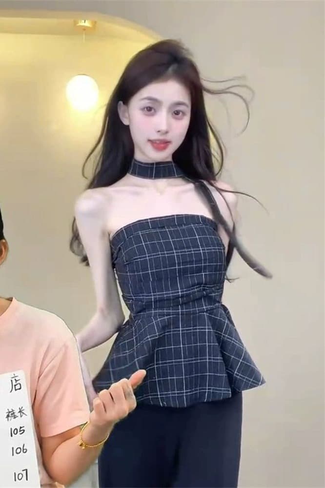 고급 센스 파란색 체크무늬 튜브탑 조끼 여성 여름 Chic 허리 수축 쇼트 스타일 달콤한 핫걸 민소매 외출용 작은 맨위 이미지 6