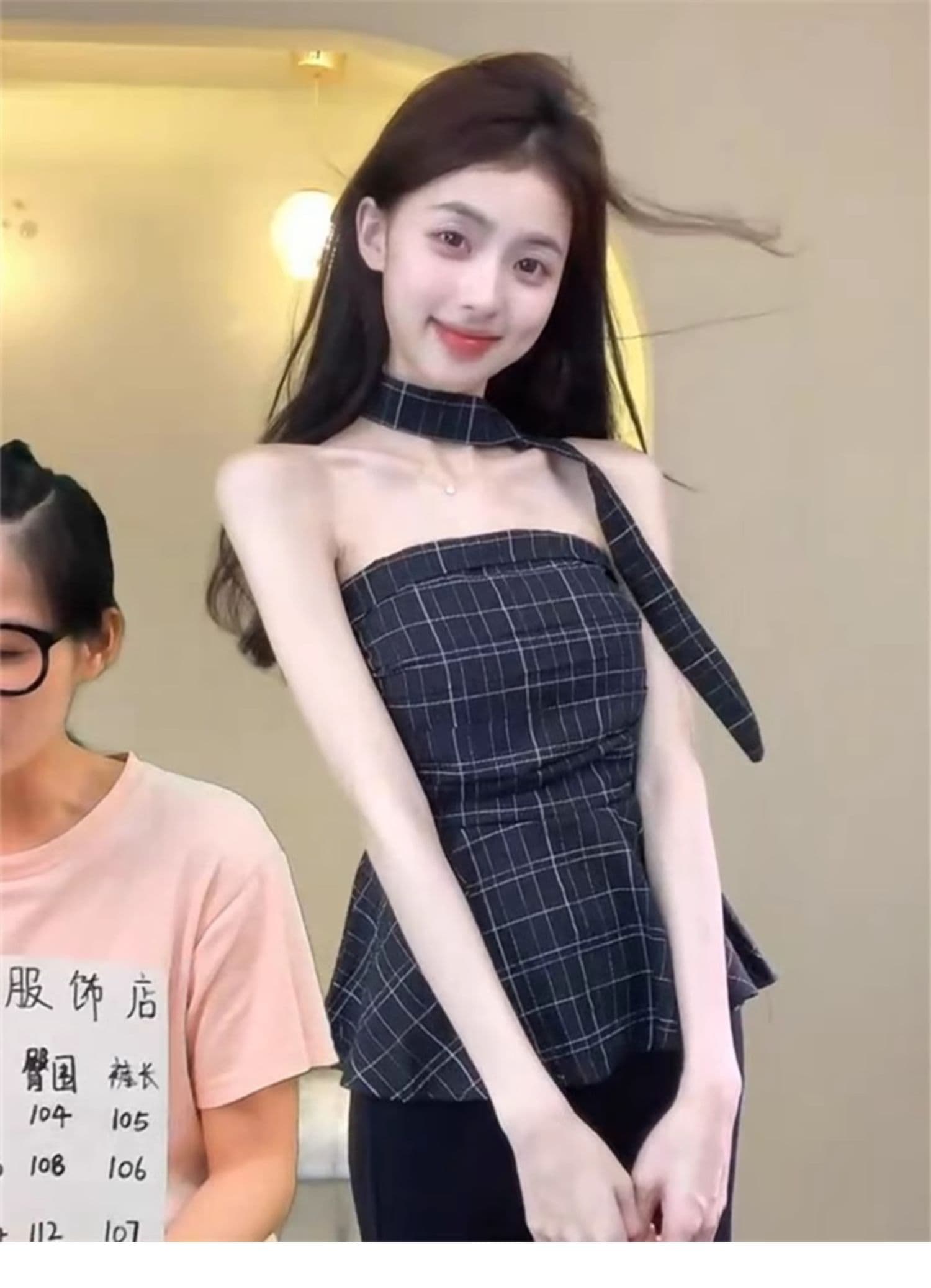 고급 센스 파란색 체크무늬 튜브탑 조끼 여성 여름 Chic 허리 수축 쇼트 스타일 달콤한 핫걸 민소매 외출용 작은 맨위 상세 이미지 3