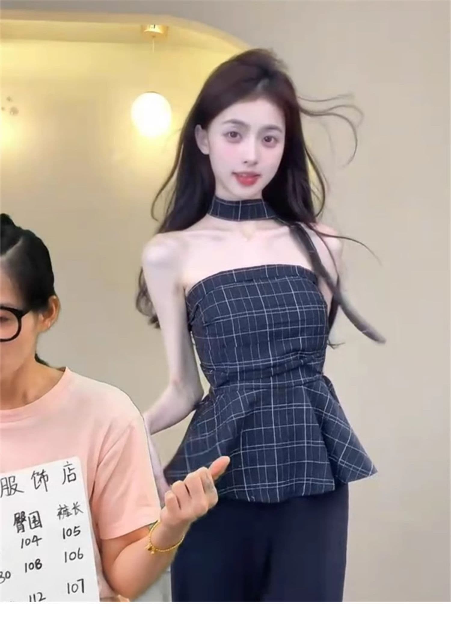 고급 센스 파란색 체크무늬 튜브탑 조끼 여성 여름 Chic 허리 수축 쇼트 스타일 달콤한 핫걸 민소매 외출용 작은 맨위 상세 이미지 4