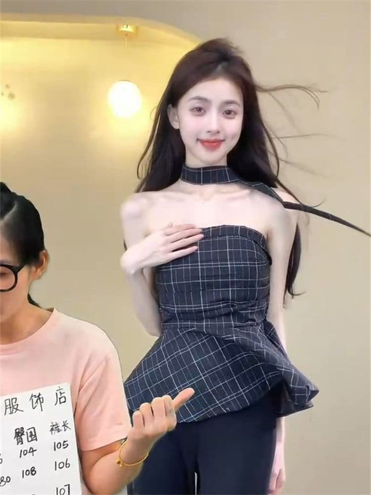 고급 센스 파란색 체크무늬 튜브탑 조끼 여성 여름 Chic 허리 수축 쇼트 스타일 달콤한 핫걸 민소매 외출용 작은 맨위 상세 이미지 6