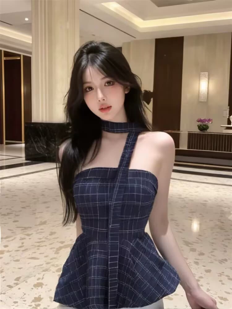 컬러 짜임 그리드 있음 안감 한 부서 체크무늬 튜브탑 조끼 여성 여름 몸매 가꾸기 기본 셔츠 민소매 맨위 이미지 2