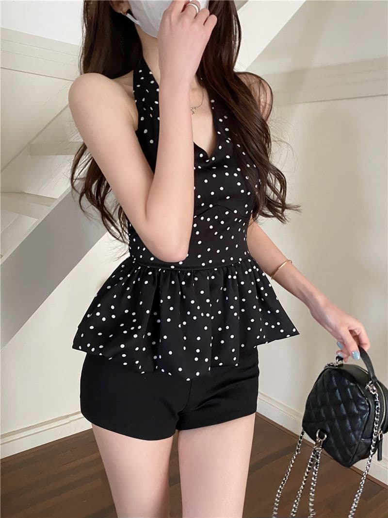 검정색 도트 무늬 행침 목 민소매 캐미솔 여름 달콤한 매운맛 chic 한 부서 고급 센스 퍼프 꽃밭 맨위 상세 이미지 2