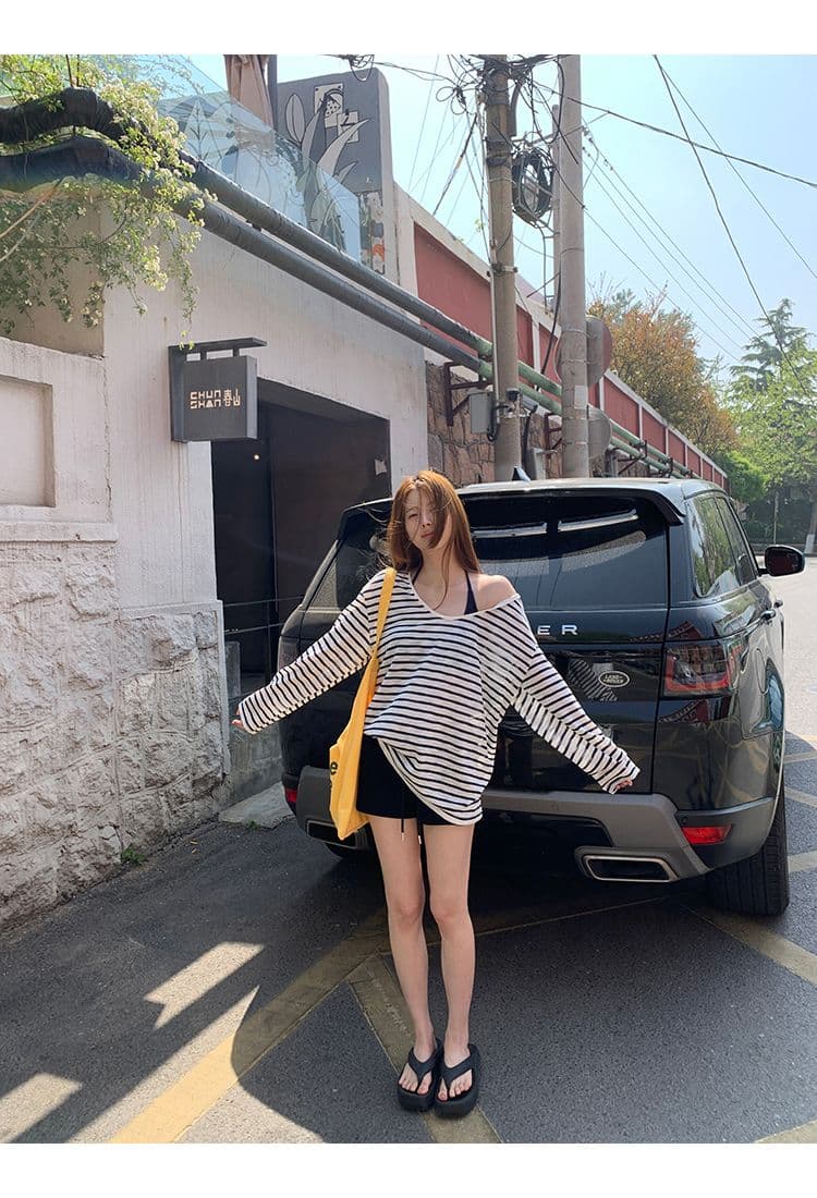 주간 실크 눈꽃 자외선 차단 블라우스 여성 여름 ootd 착용 가져 가라. 2026 새로운 긴 소매 티셔츠 루즈핏 스트라이프 비스듬한 어깨 의류 상세 이미지 8