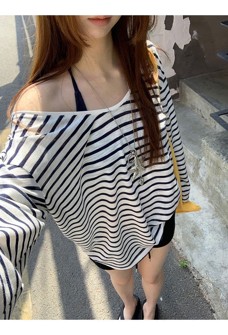 주간 실크 눈꽃 자외선 차단 블라우스 여성 여름 ootd 착용 가져 가라. 2026 새로운 긴 소매 티셔츠 루즈핏 스트라이프 비스듬한 어깨 의류 상세 이미지 11