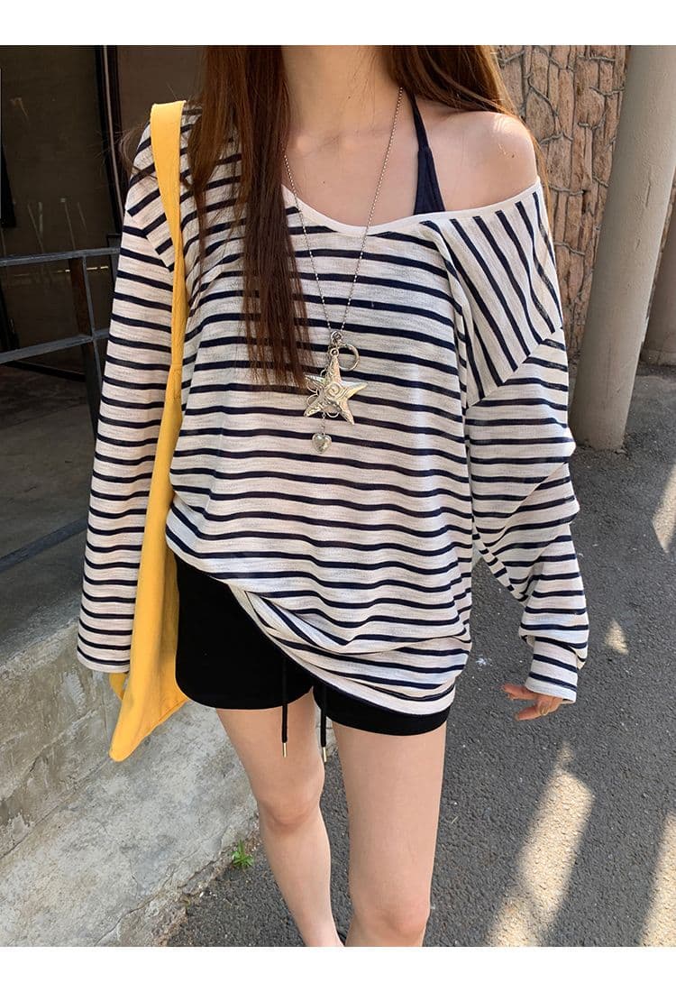 주간 실크 눈꽃 자외선 차단 블라우스 여성 여름 ootd 착용 가져 가라. 2026 새로운 긴 소매 티셔츠 루즈핏 스트라이프 비스듬한 어깨 의류 상세 이미지 12