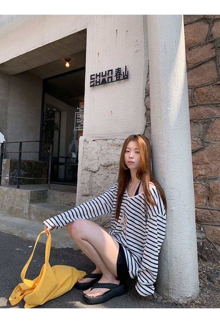주간 실크 눈꽃 자외선 차단 블라우스 여성 여름 ootd 착용 가져 가라. 2026 새로운 긴 소매 티셔츠 루즈핏 스트라이프 비스듬한 어깨 의류 상세 이미지 15
