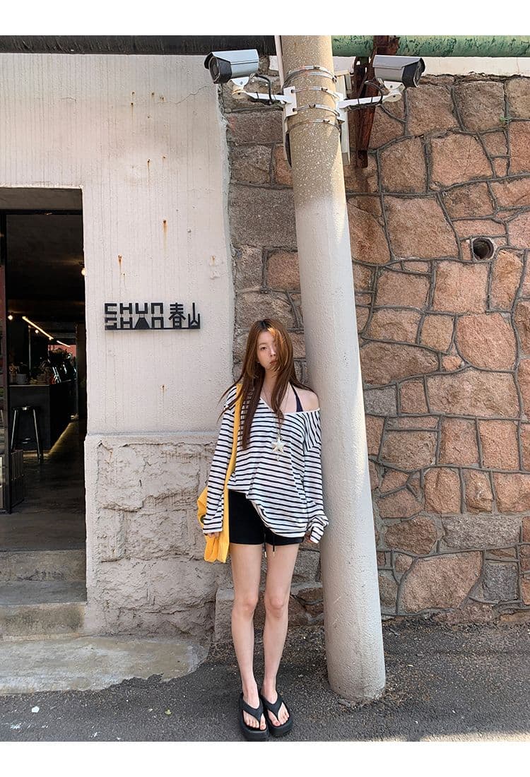 주간 실크 눈꽃 자외선 차단 블라우스 여성 여름 ootd 착용 가져 가라. 2026 새로운 긴 소매 티셔츠 루즈핏 스트라이프 비스듬한 어깨 의류 상세 이미지 16