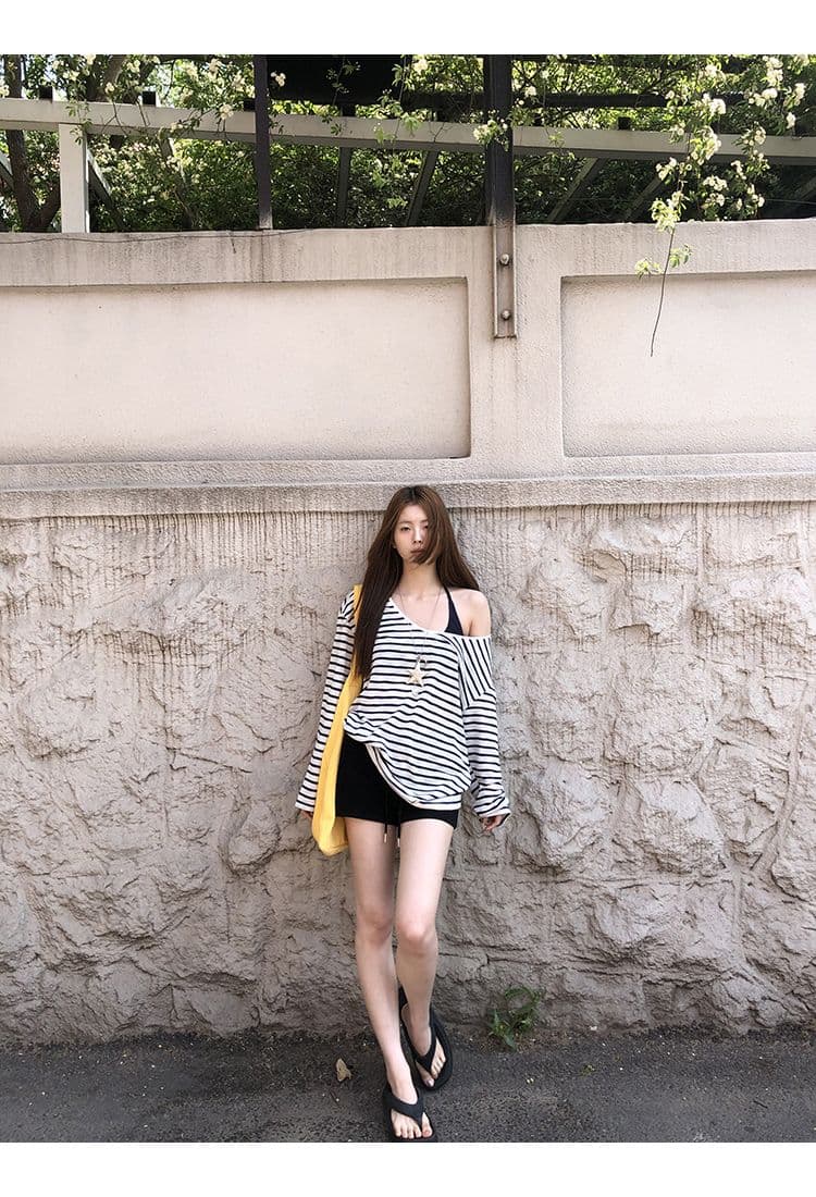 주간 실크 눈꽃 자외선 차단 블라우스 여성 여름 ootd 착용 가져 가라. 2026 새로운 긴 소매 티셔츠 루즈핏 스트라이프 비스듬한 어깨 의류 상세 이미지 17