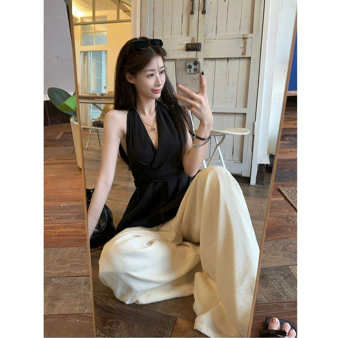 원본 것 프랑스식 비틀림 행침 목 오프숄더 쉬폰 여성 셔츠 여름 허리 수축 민소매 조끼 맨위 외출용 이미지 4