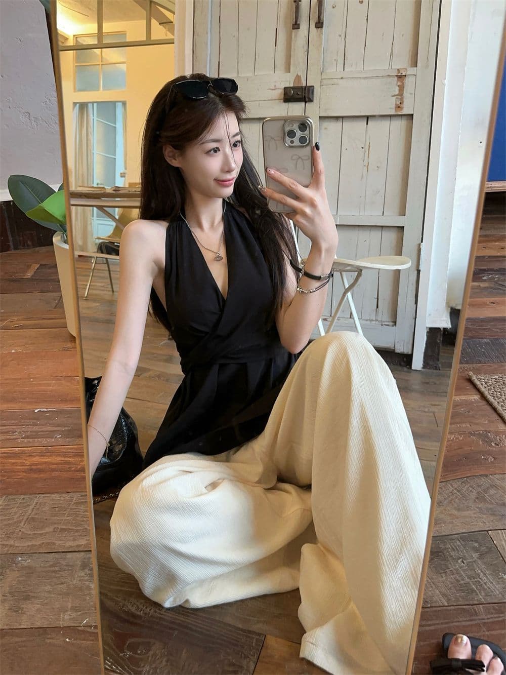 원본 것 프랑스식 비틀림 행침 목 오프숄더 쉬폰 여성 셔츠 여름 허리 수축 민소매 조끼 맨위 외출용 상세 이미지 4