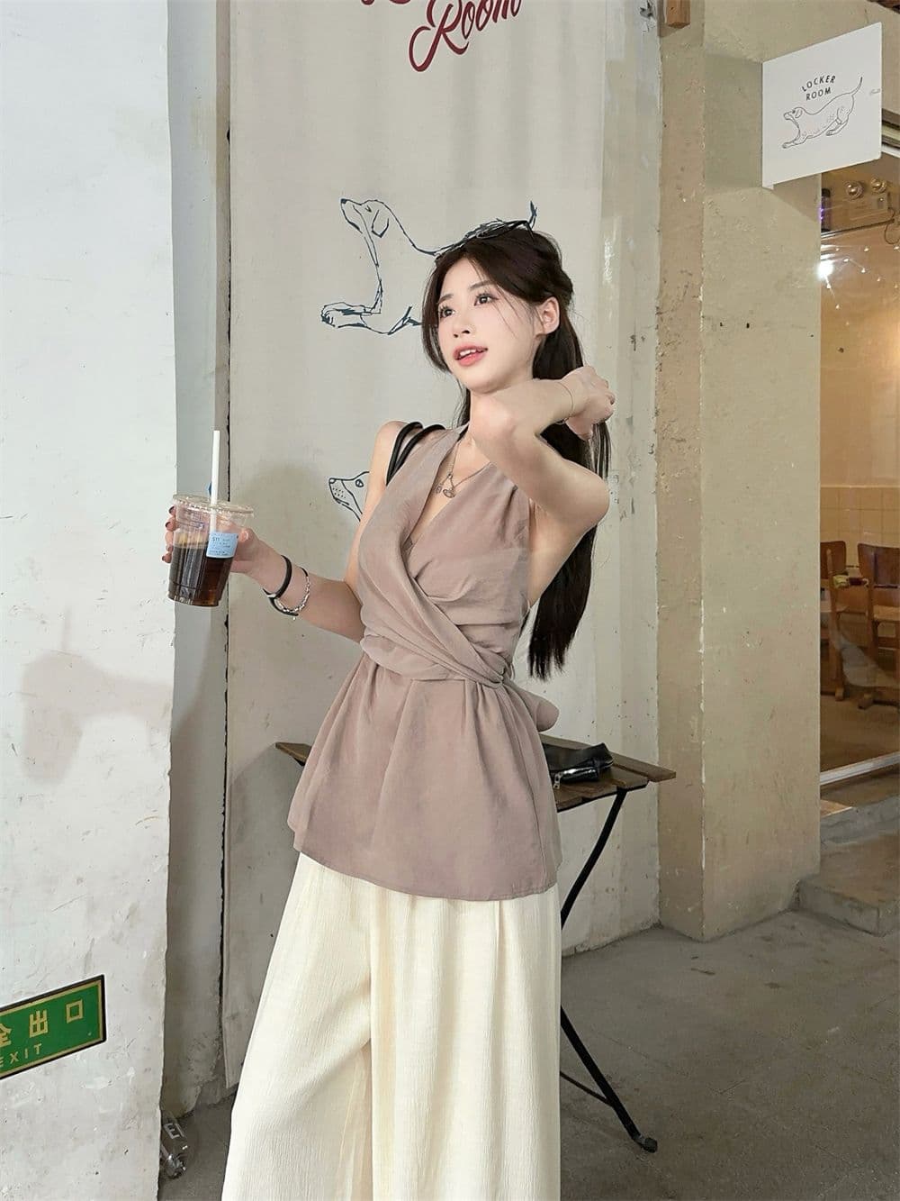 원본 것 프랑스식 비틀림 행침 목 오프숄더 쉬폰 여성 셔츠 여름 허리 수축 민소매 조끼 맨위 외출용 상세 이미지 8