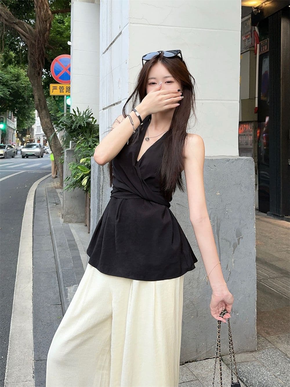 원본 것 프랑스식 비틀림 행침 목 오프숄더 쉬폰 여성 셔츠 여름 허리 수축 민소매 조끼 맨위 외출용 상세 이미지 28