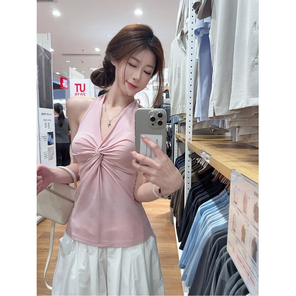 사람들 면 핫걸 민소매 V넥 비틀림 황색 행침 목 조끼 여성 여름 몸매 가꾸기 슬립 슬림해 보이는 외출용 이미지 3