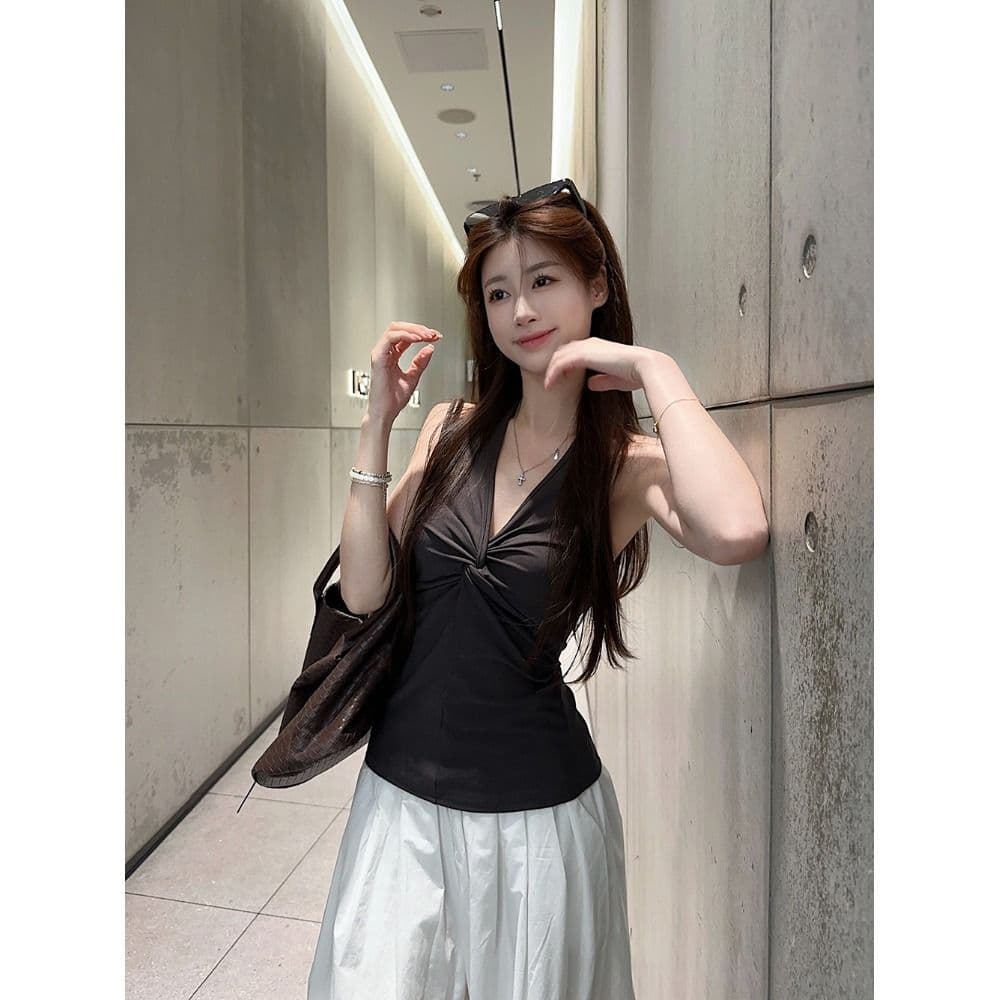 사람들 면 핫걸 민소매 V넥 비틀림 황색 행침 목 조끼 여성 여름 몸매 가꾸기 슬립 슬림해 보이는 외출용