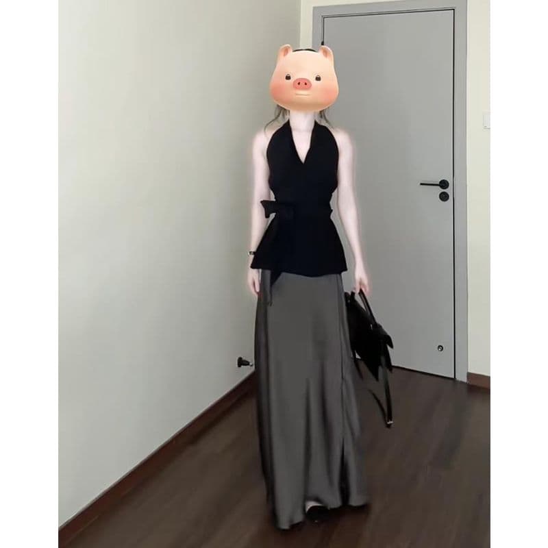 높은 품질 프랑스식 V넥 행침 목 레이스업 검정색 캐미솔 여름 외출용 백리스 민소매 맨위 이미지 5