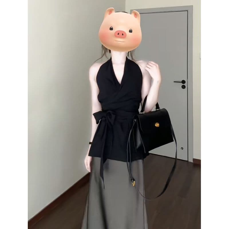 높은 품질 프랑스식 V넥 행침 목 레이스업 검정색 캐미솔 여름 외출용 백리스 민소매 맨위 이미지 4