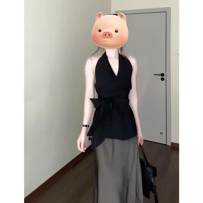높은 품질 프랑스식 V넥 행침 목 레이스업 검정색 캐미솔 여름 외출용 백리스 민소매 맨위 상세 이미지 4