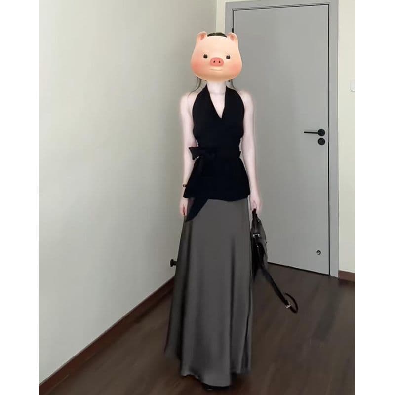 높은 품질 프랑스식 V넥 행침 목 레이스업 검정색 캐미솔 여름 외출용 백리스 민소매 맨위 상세 이미지 6