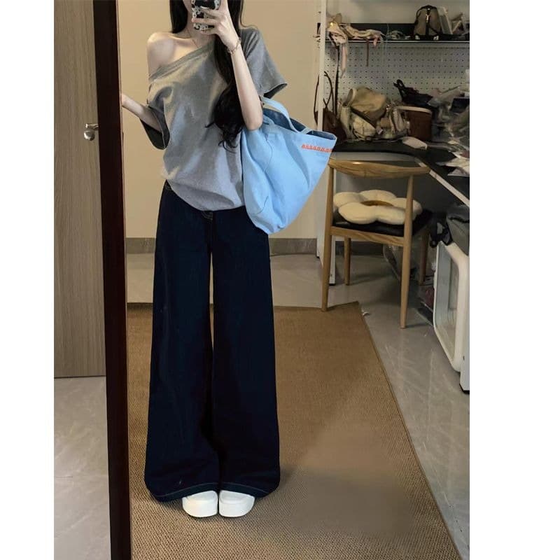 사람들 면 디자인 센스 작은 대중 비스듬한 칼라 오프숄더 반팔 티셔츠 여성 여름 한국 스타일 루즈핏 슬림해 보이는 느긋한 맨위 이미지 5