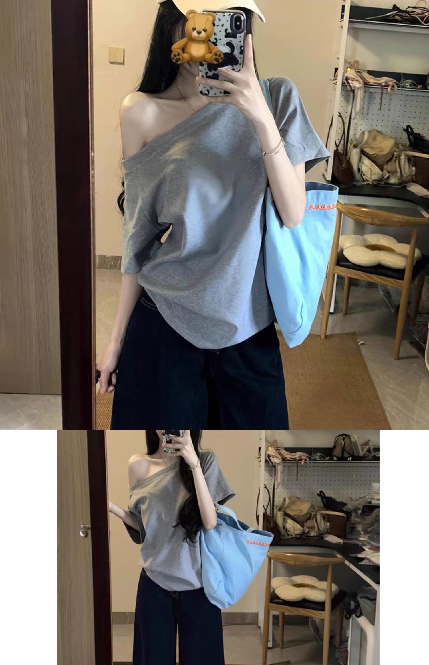 사람들 면 디자인 센스 작은 대중 비스듬한 칼라 오프숄더 반팔 티셔츠 여성 여름 한국 스타일 루즈핏 슬림해 보이는 느긋한 맨위 상세 이미지 2