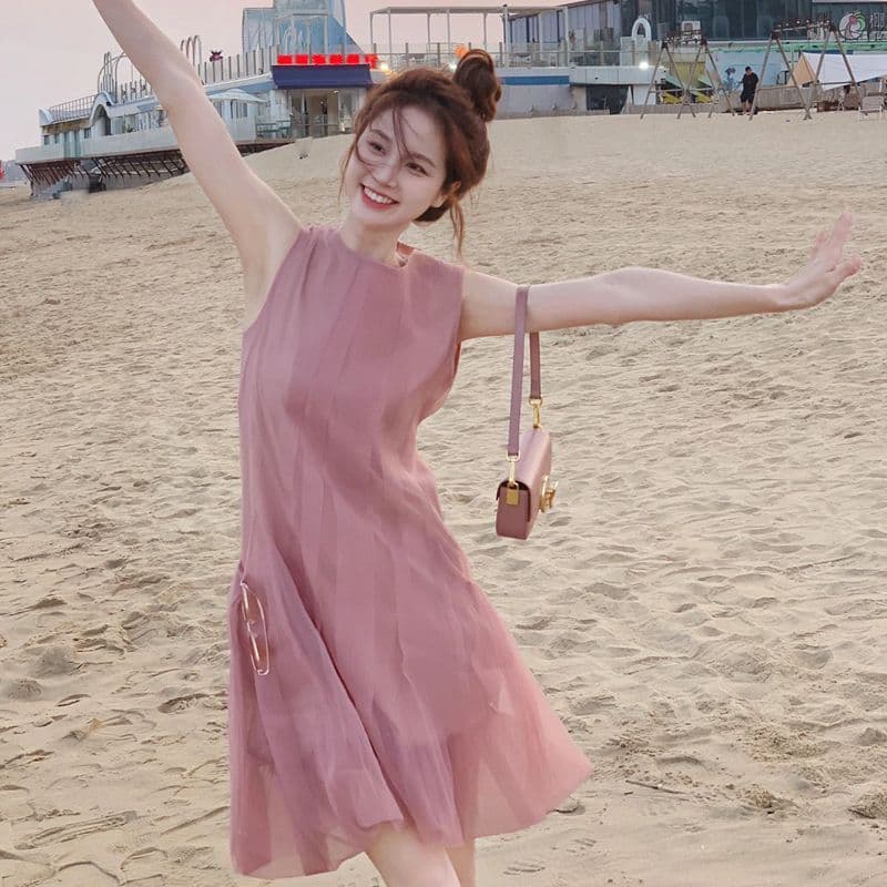 여성 드레스 여름 프랑스식 부드러운 민소매 달콤함 고급 센스 부드러운 한 마디 허리 수축 망사 휴가 바람 치마 이미지 3