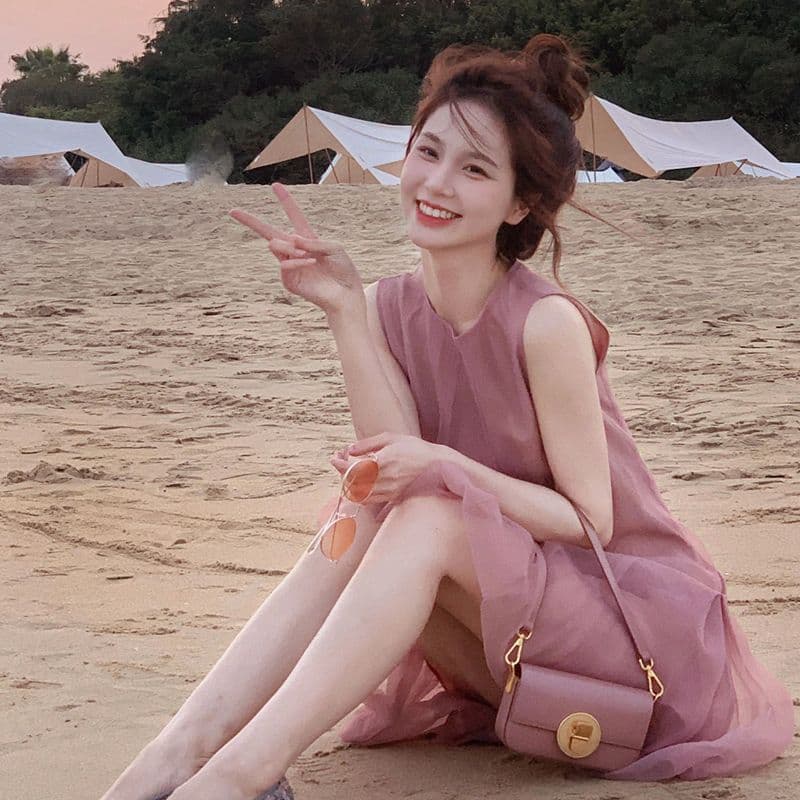 여성 드레스 여름 프랑스식 부드러운 민소매 달콤함 고급 센스 부드러운 한 마디 허리 수축 망사 휴가 바람 치마 이미지 5