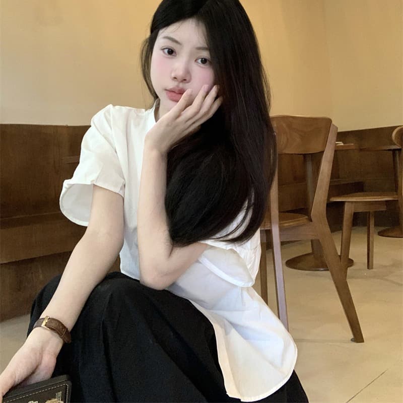 순면 모방 주간 실크 버블 반팔 여성 셔츠 여름 2026 새로운 스탠드 칼라 루즈핏 화이트 셔츠 이미지 5