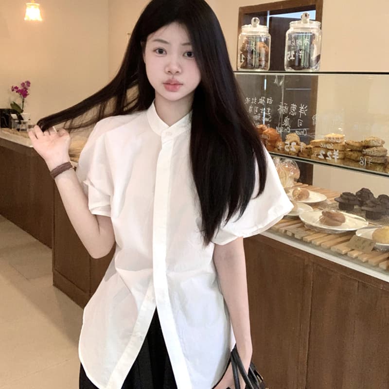 순면 모방 주간 실크 버블 반팔 여성 셔츠 여름 2026 새로운 스탠드 칼라 루즈핏 화이트 셔츠 상세 이미지 3