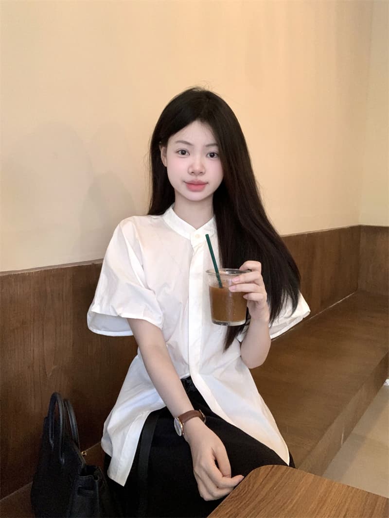 순면 모방 주간 실크 버블 반팔 여성 셔츠 여름 2026 새로운 스탠드 칼라 루즈핏 화이트 셔츠 상세 이미지 9