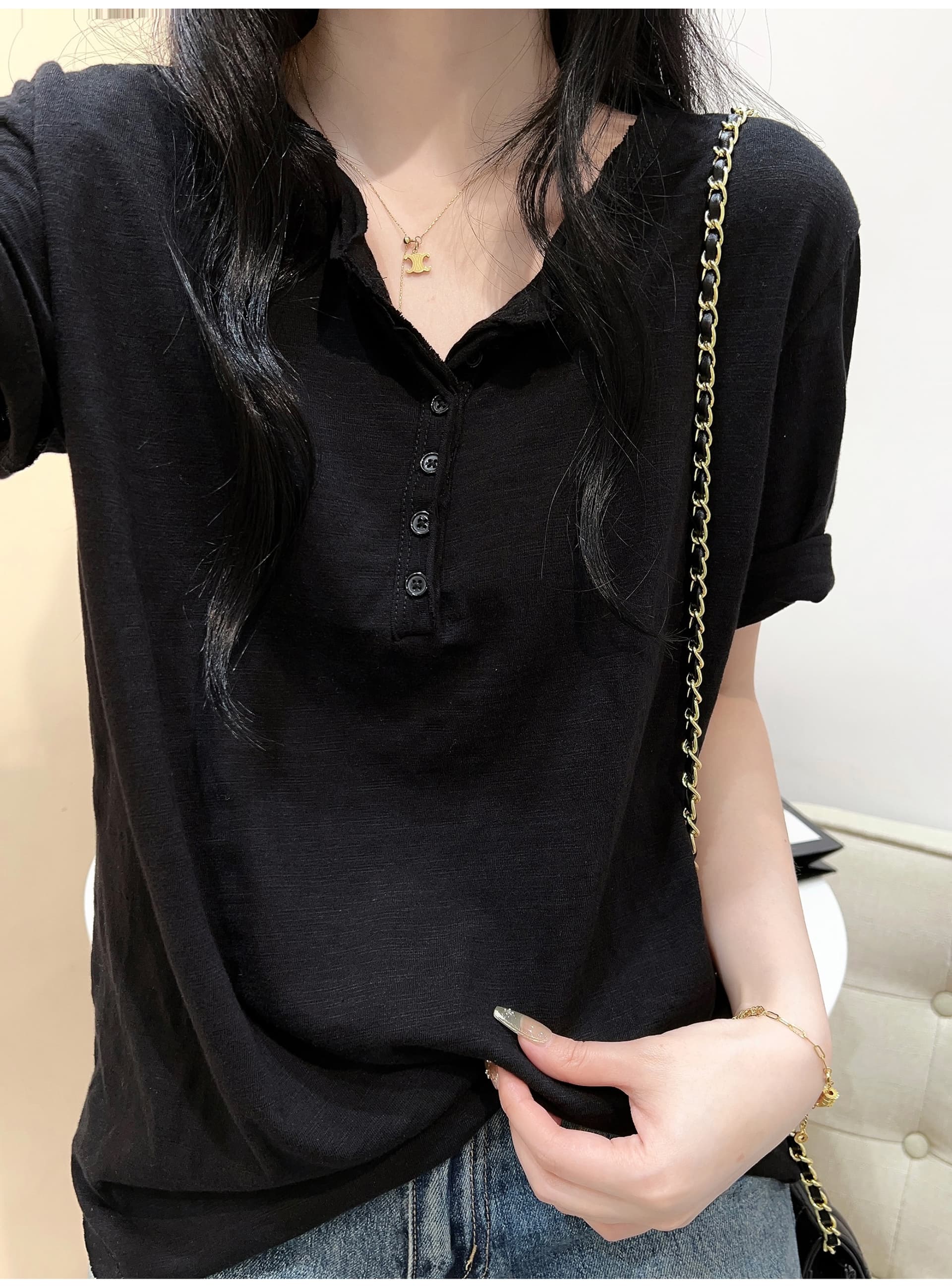 화이트 느긋한 바람 대나무 마디 면 루즈핏 다용도 반팔 티셔츠 여성 여름 긍정적 인 어깨 볼륨 측면 디자인 센스 캐주얼 맨위 상세 이미지 4