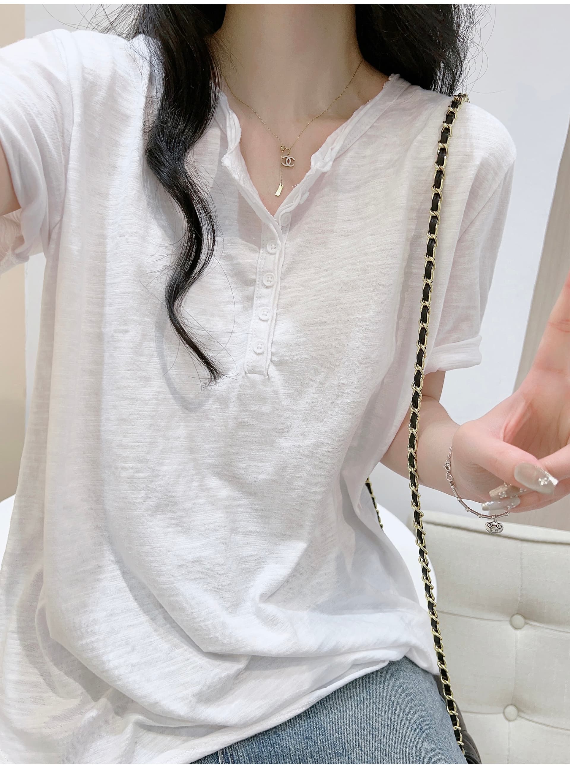 화이트 느긋한 바람 대나무 마디 면 루즈핏 다용도 반팔 티셔츠 여성 여름 긍정적 인 어깨 볼륨 측면 디자인 센스 캐주얼 맨위 상세 이미지 8
