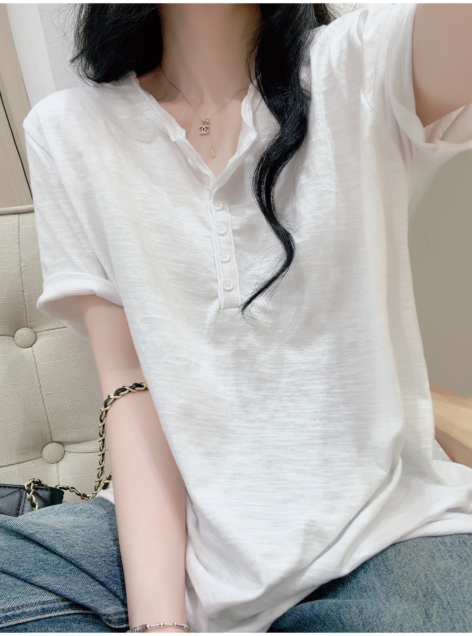 화이트 느긋한 바람 대나무 마디 면 루즈핏 다용도 반팔 티셔츠 여성 여름 긍정적 인 어깨 볼륨 측면 디자인 센스 캐주얼 맨위 상세 이미지 11