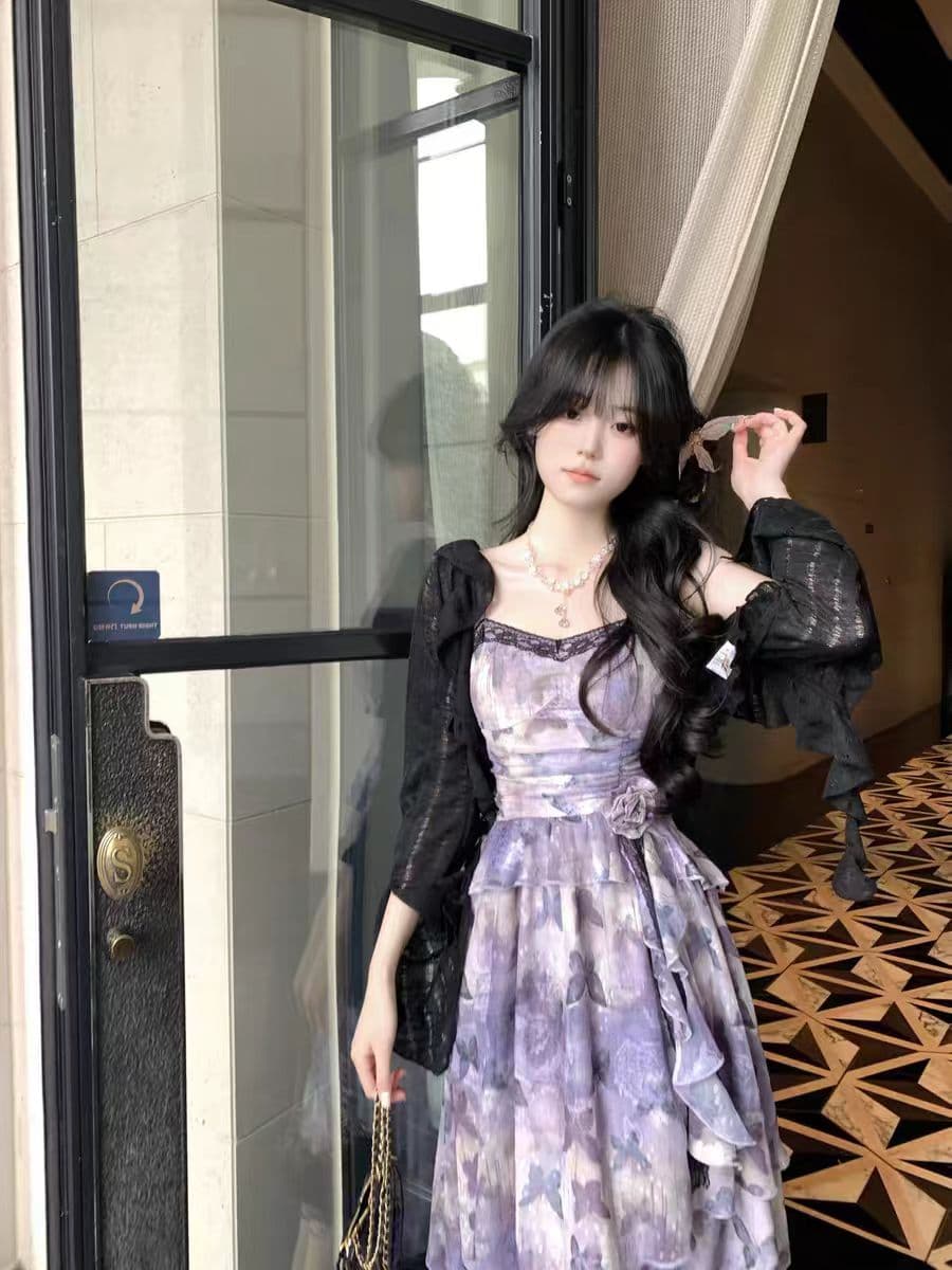 나비 팬 보라색 달콤한 차가운 나비 프린트 헤일로 염색 불규칙 진자 장미 핀치 Pleat 허리 수축 슬립 드레스 이미지 3