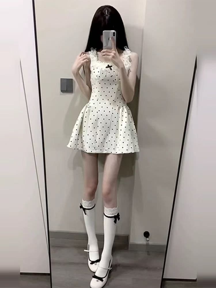 몸매 가꾸기 순수한 욕망 핫걸 화이트 도트 무늬 슬립 드레스 아이들 여름 허리 수축 디자인 센스 작은 대중 퍼프 미니 스커트 상세 이미지 1