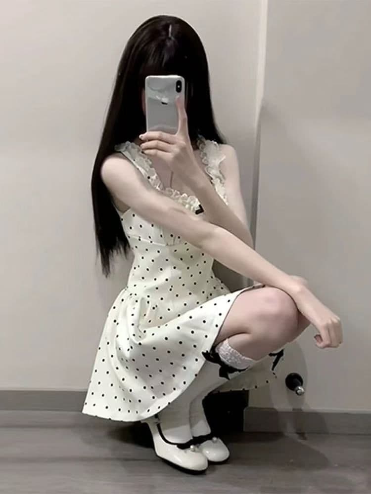 몸매 가꾸기 순수한 욕망 핫걸 화이트 도트 무늬 슬립 드레스 아이들 여름 허리 수축 디자인 센스 작은 대중 퍼프 미니 스커트 상세 이미지 3