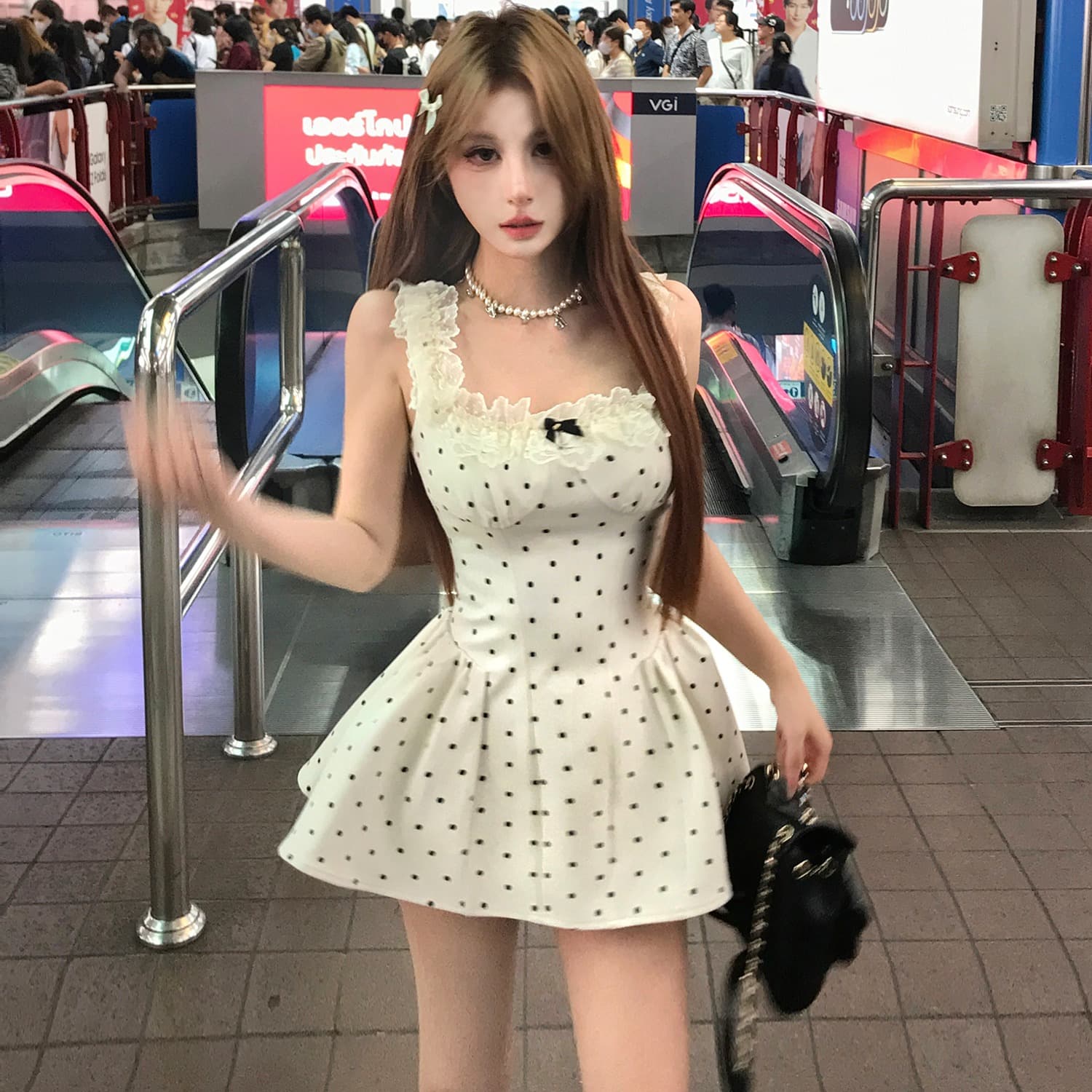 mejiu 꿀 나인 순수한 사랑 불꽃 놀이 몸매 가꾸기 순수한 욕망 달콤한 매운맛 허리 수축 디자인 센스 작은 심장 기계 도트 무늬 드레스 이미지 4