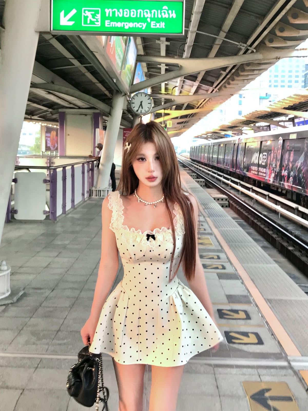 mejiu 꿀 나인 순수한 사랑 불꽃 놀이 몸매 가꾸기 순수한 욕망 달콤한 매운맛 허리 수축 디자인 센스 작은 심장 기계 도트 무늬 드레스 상세 이미지 1