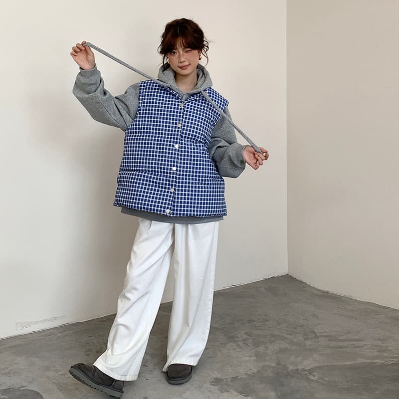실사 한 부서 고급 센스 파란색 체크무늬 다운 코트 조끼 여자 겨울 패딩 재킷 목화 진딧물 재킷 맨위 여성 이미지 4