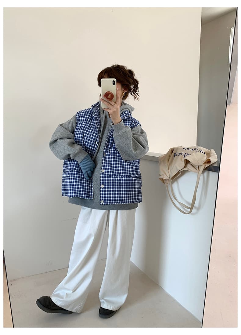 실사 한 부서 고급 센스 파란색 체크무늬 다운 코트 조끼 여자 겨울 패딩 재킷 목화 진딧물 재킷 맨위 여성 상세 이미지 14