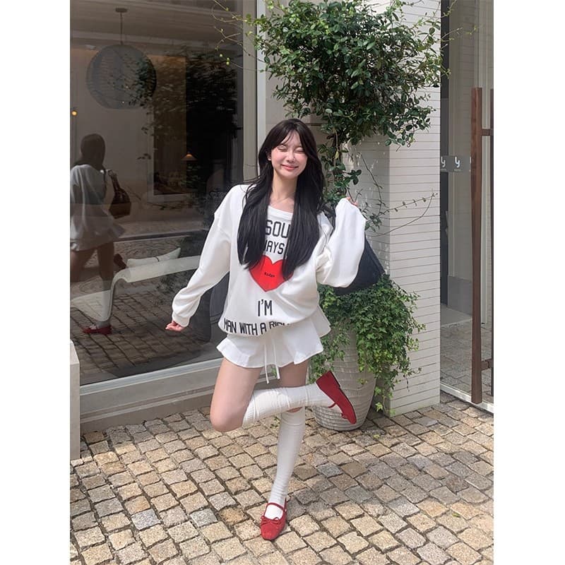 남자 바 면 280 그램 아메리칸 하트 알파벳 프린트 비스듬한 어깨 후드티 여성 핫걸 가을 오프숄더 맨위 이미지 3
