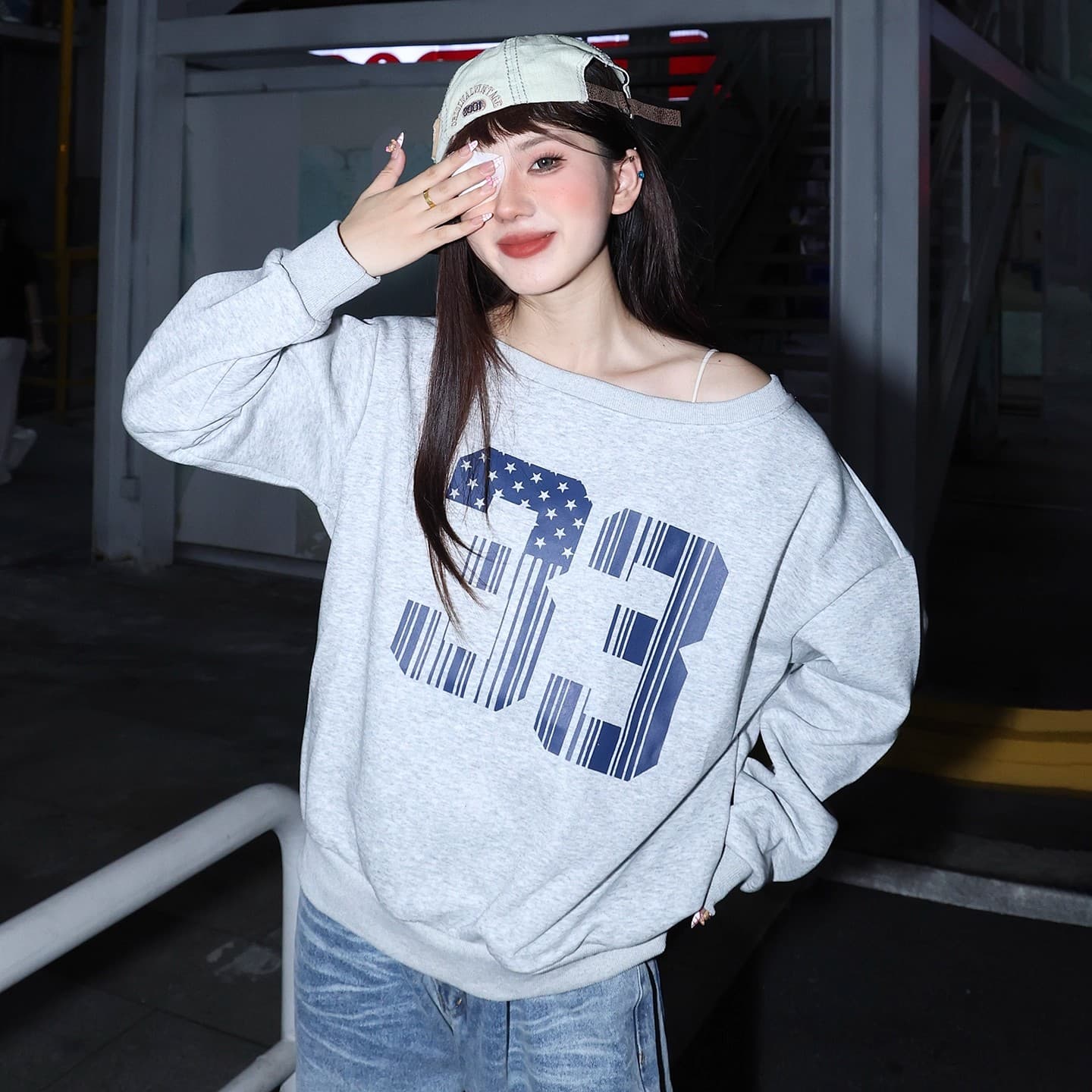 남자 바 면 280 그램 비스듬한 어깨 후드티 여성 가을 긴팔 한국 스타일 루즈핏 느긋한 바람 chic 얇은 스타일 맨위 이미지 3