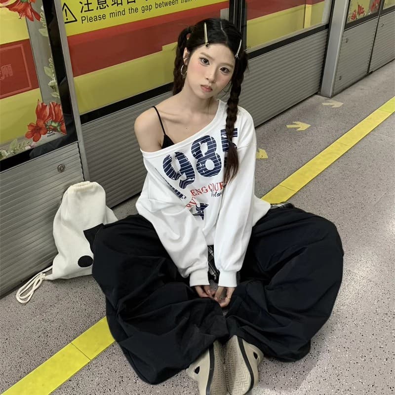 남자 바 면 280 그램 아메리칸 레트로 비스듬한 어깨 쇼트 스타일 긴팔 후드티 여성 가을 폭발 루즈핏 슬림해 보이는 맨위 이미지 3